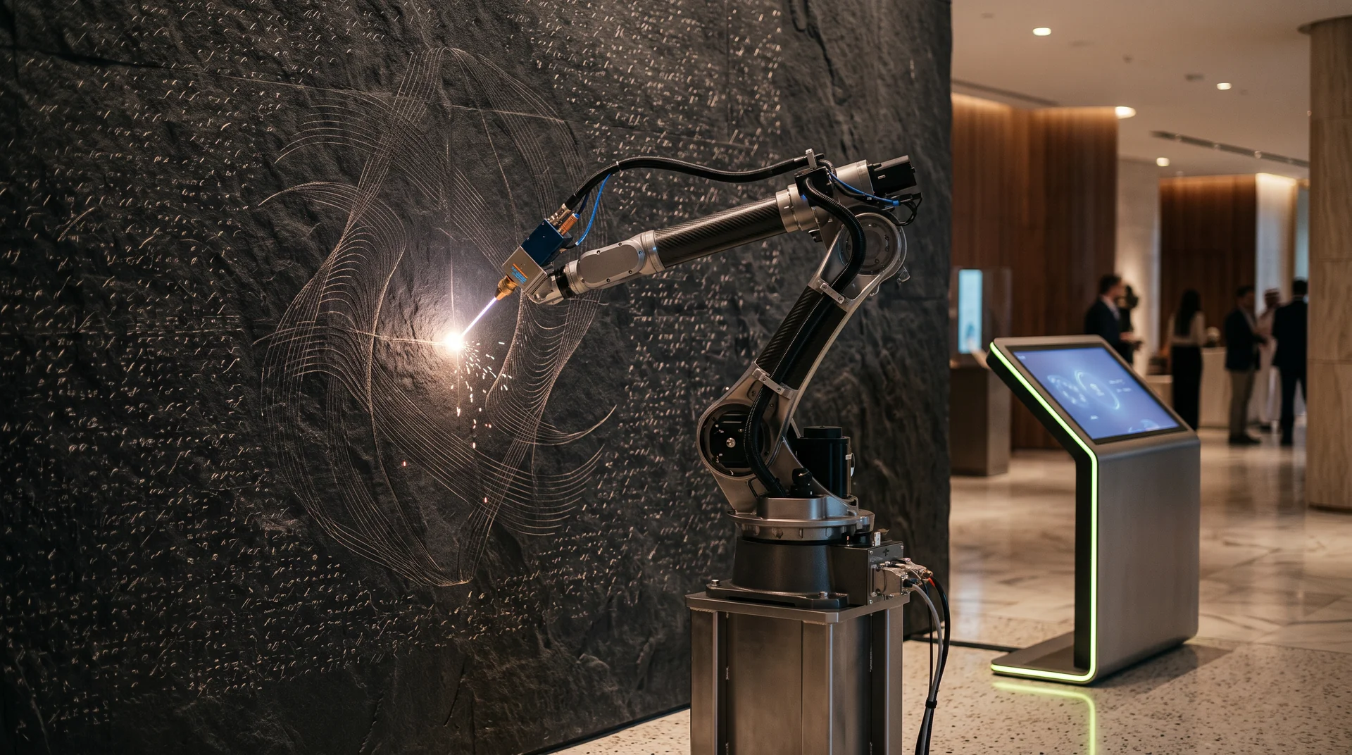 Robotic laser-engraving arm on a permanent interactive installation wall that evolves with each visitor