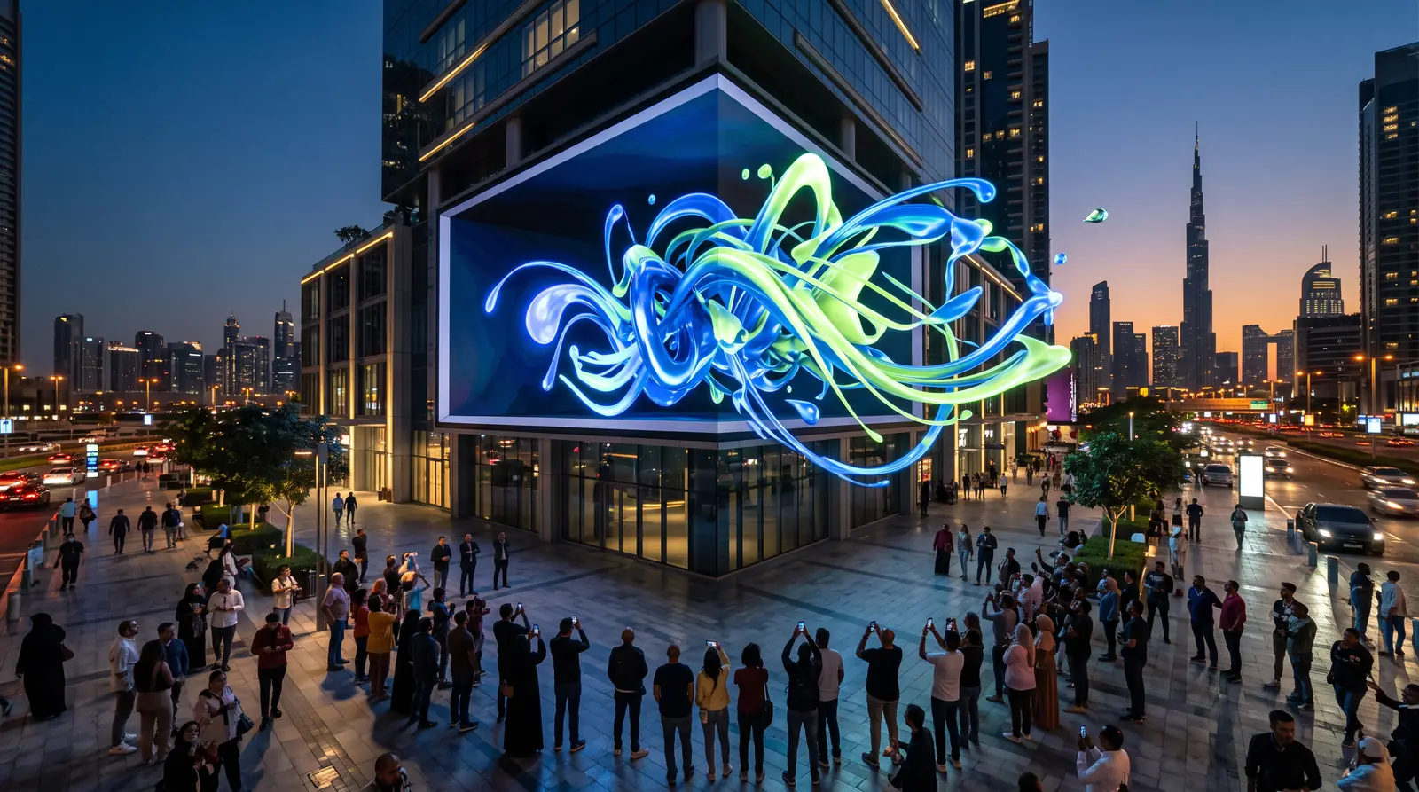 Anamorphic 3D content appearing to burst out of a corner LED billboard in Dubai