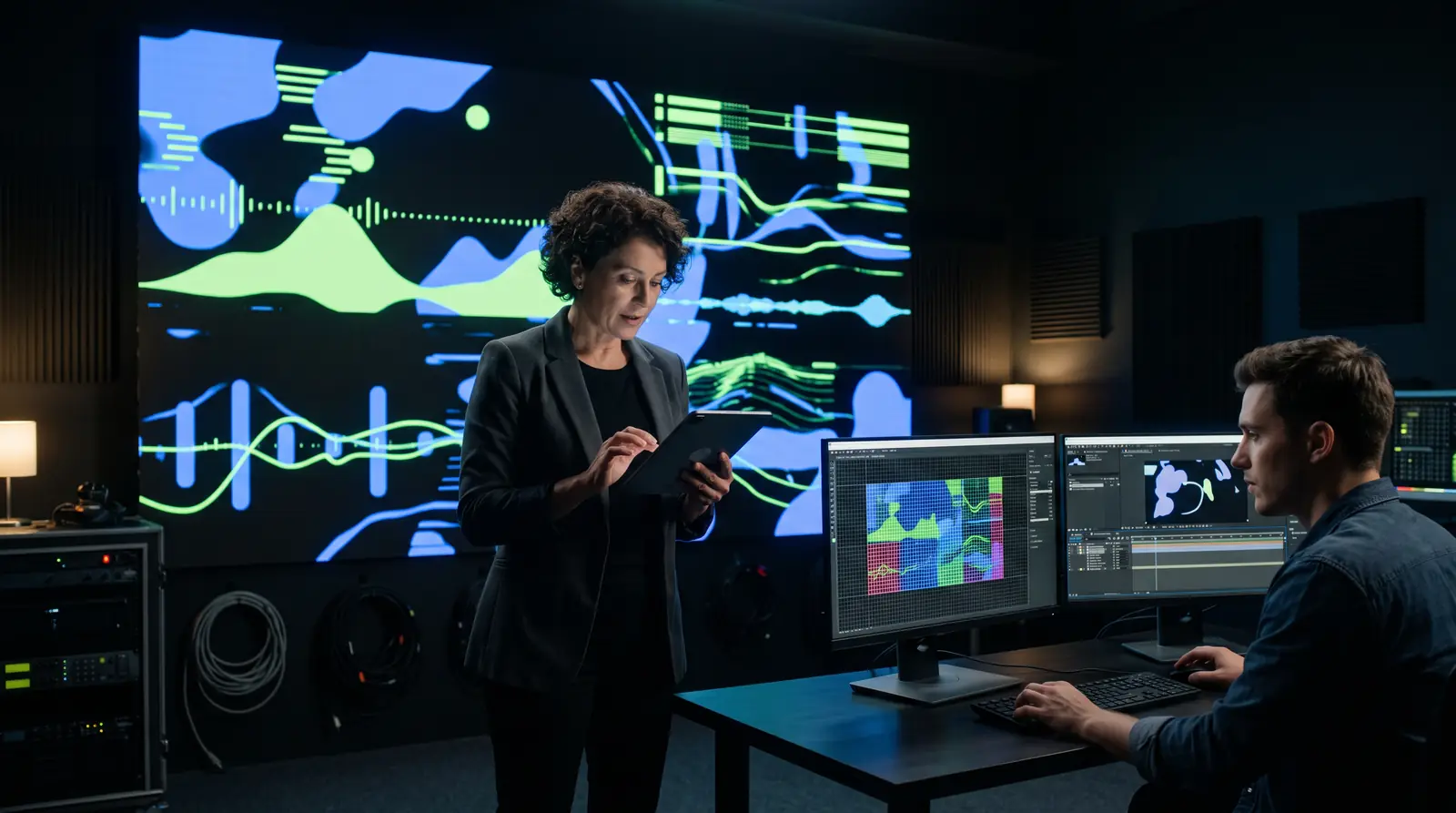 Creative team reviewing motion graphics on an LED video wall