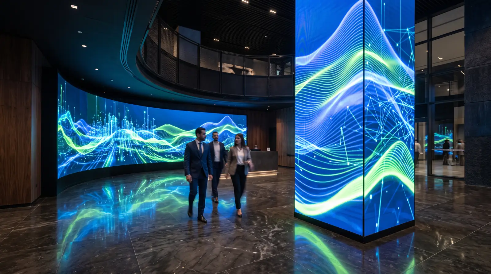 Content designed for a four-sided LED pillar and curved LED wall in an experience centre
