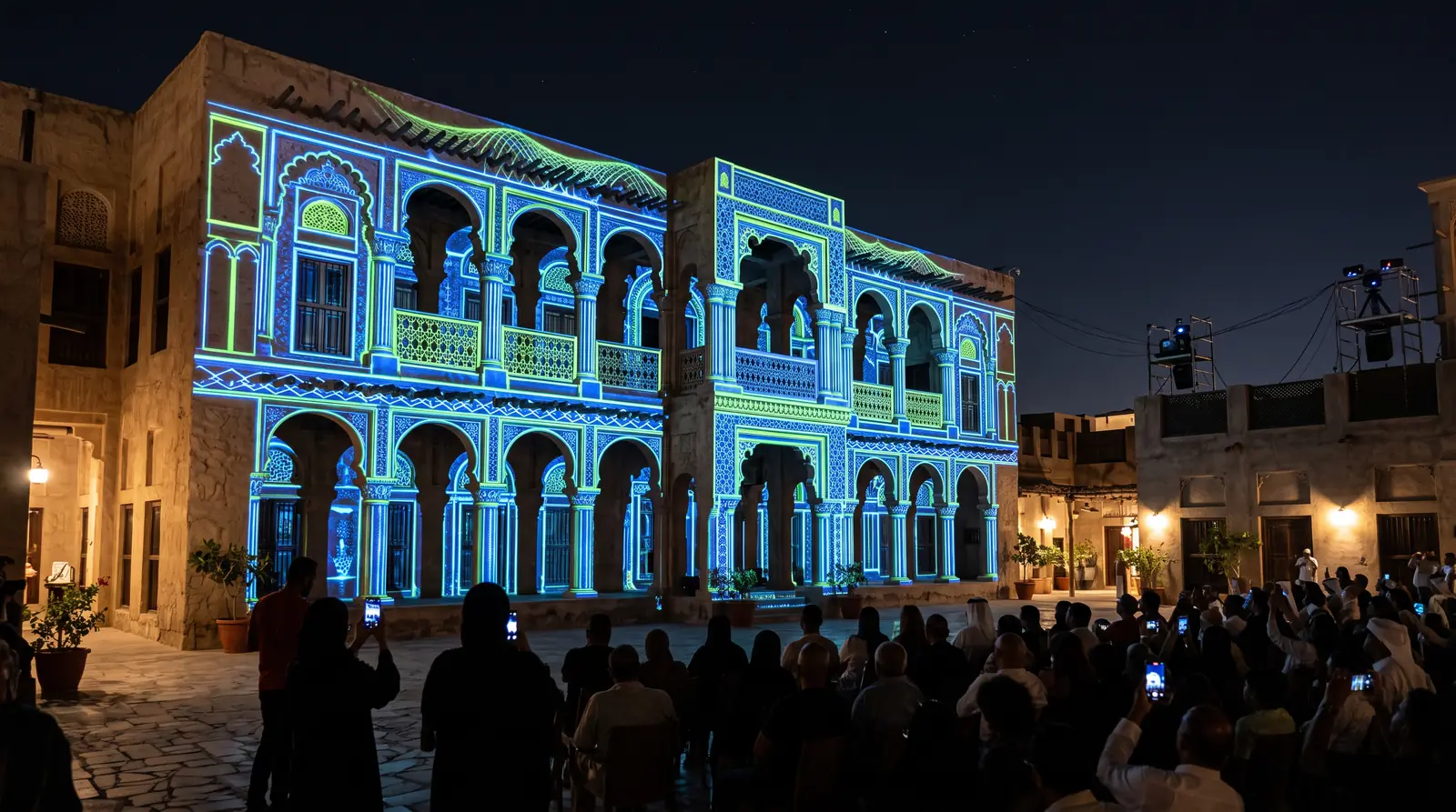 Building projection mapping show watched by a crowd at night