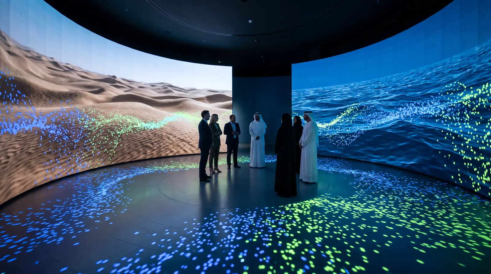 360 immersive room with curved LED walls and synchronised floor projection