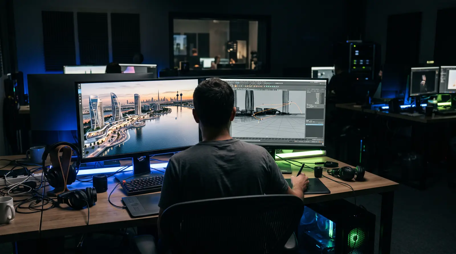 3D artist creating a CGI render of an unbuilt waterfront development