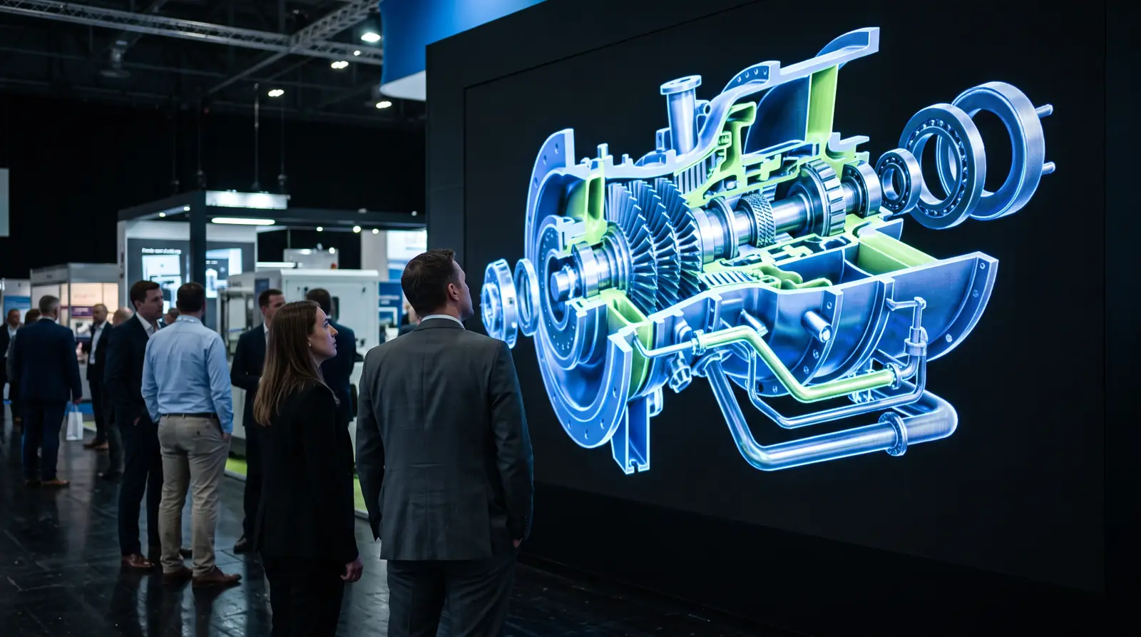 Technical CGI animation of machinery on a large LED screen