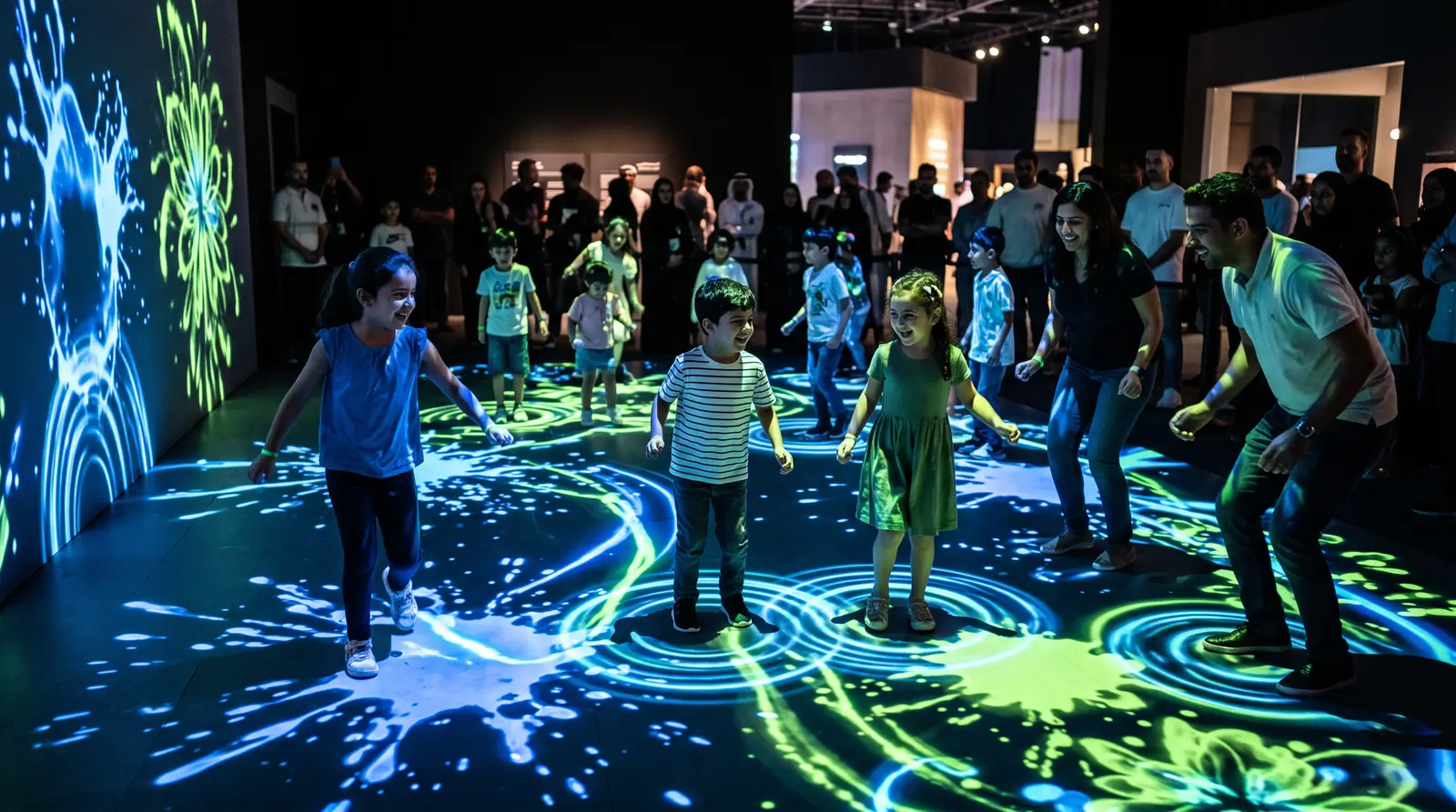 Children playing on a LiDAR interactive floor and wall projection