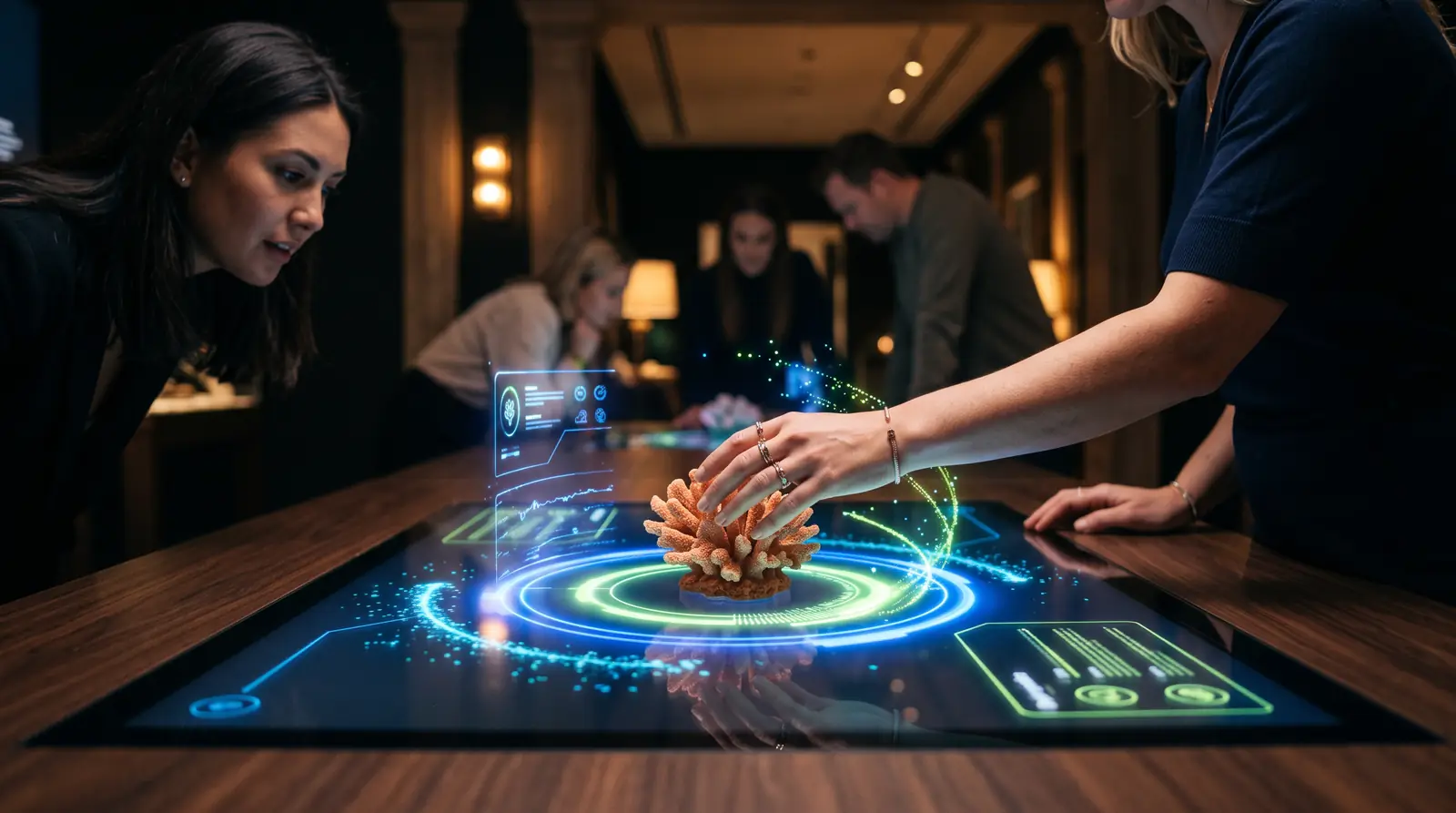 Visitor placing an object on an object recognition table to trigger content