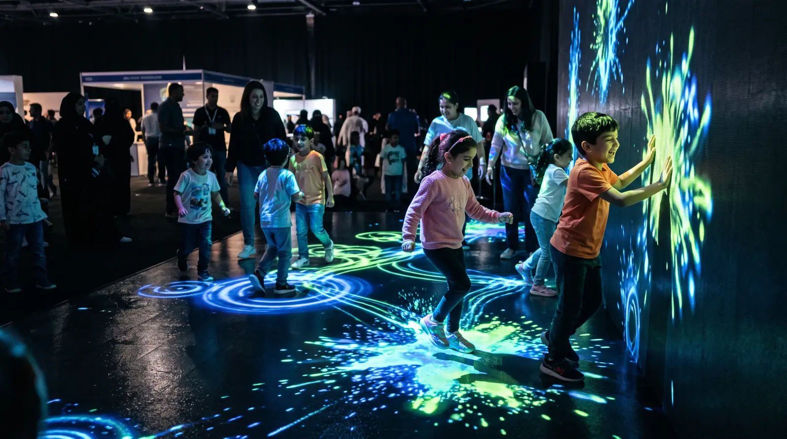 Visitors interacting with an interactive wall and floor installation