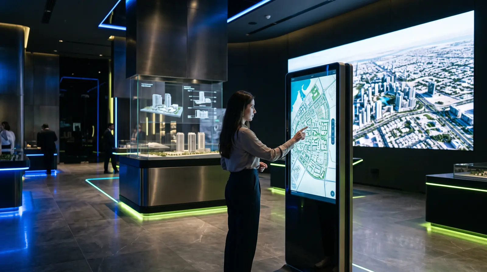 Visitor exploring a master plan on an interactive touchscreen totem