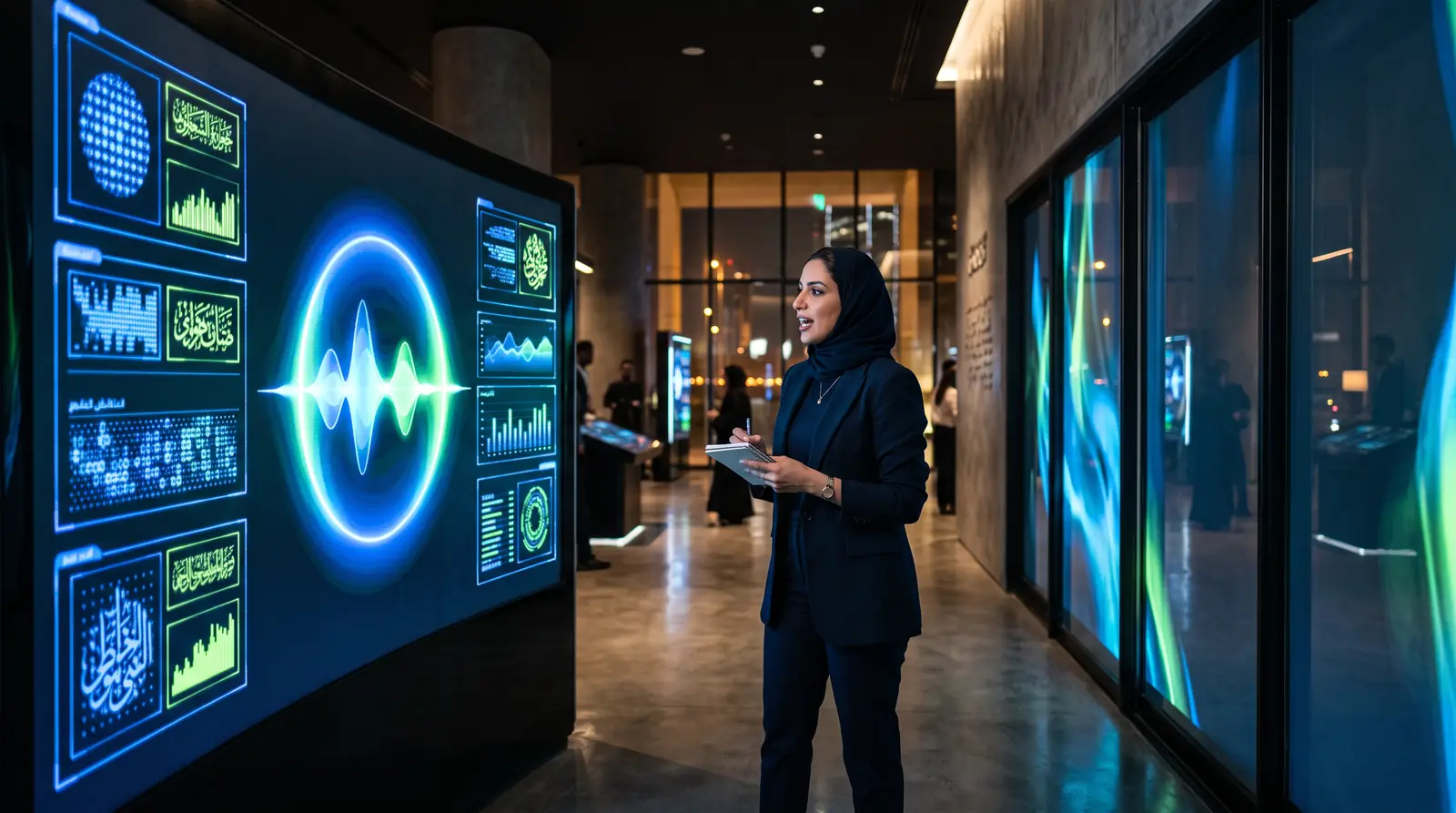 Visitor speaking to a conversational AI kiosk in an experience centre