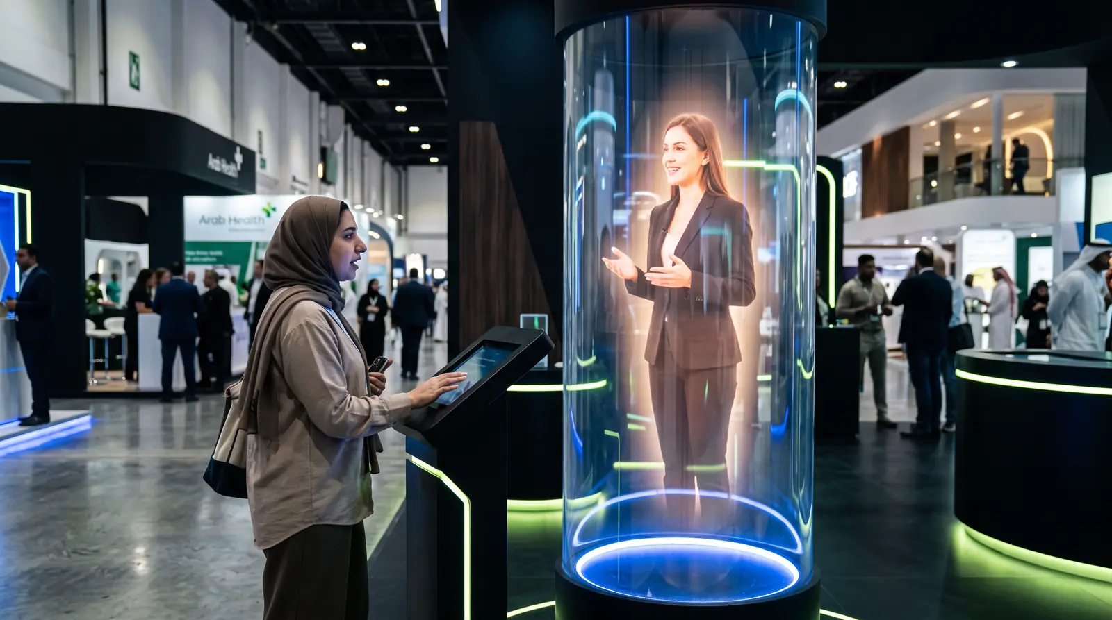 Visitor asking an AI hologram assistant a question on a touchscreen