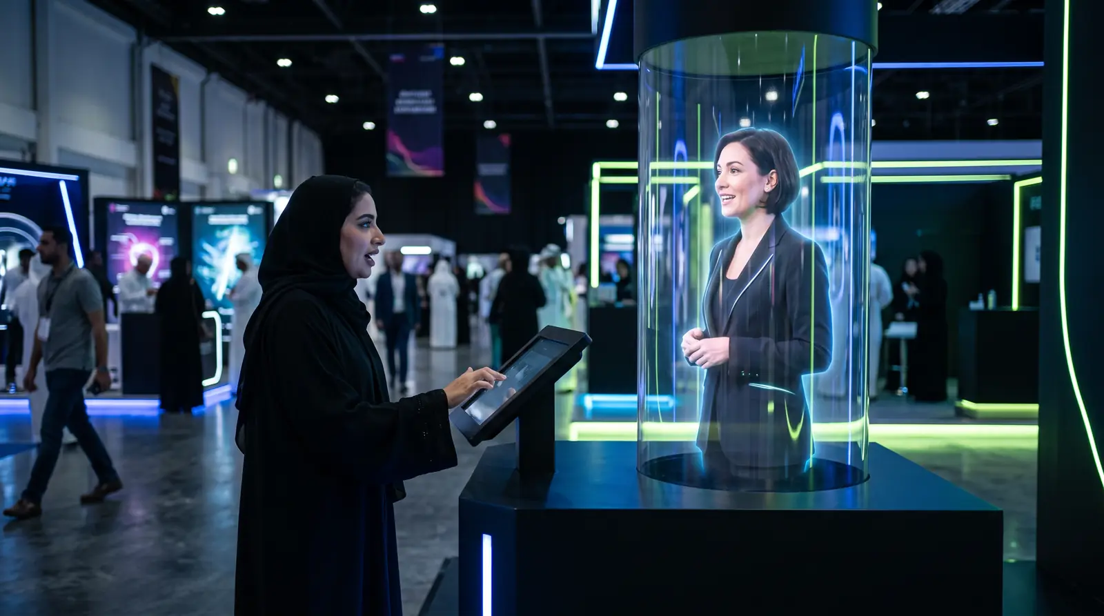AI holographic guide answering a visitor at a health exhibition