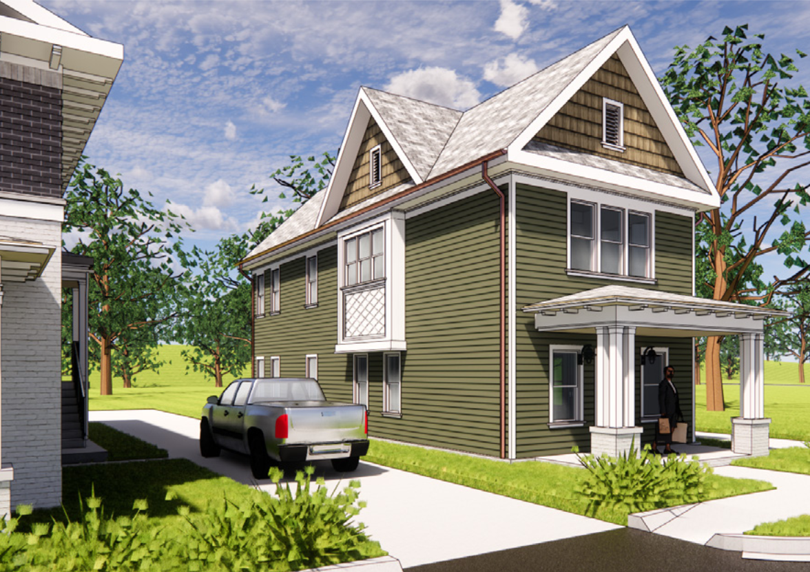 Two-story olive green house with white trim, a covered front porch, and a person standing at the entrance, beside a driveway with a parked grey vehicle.