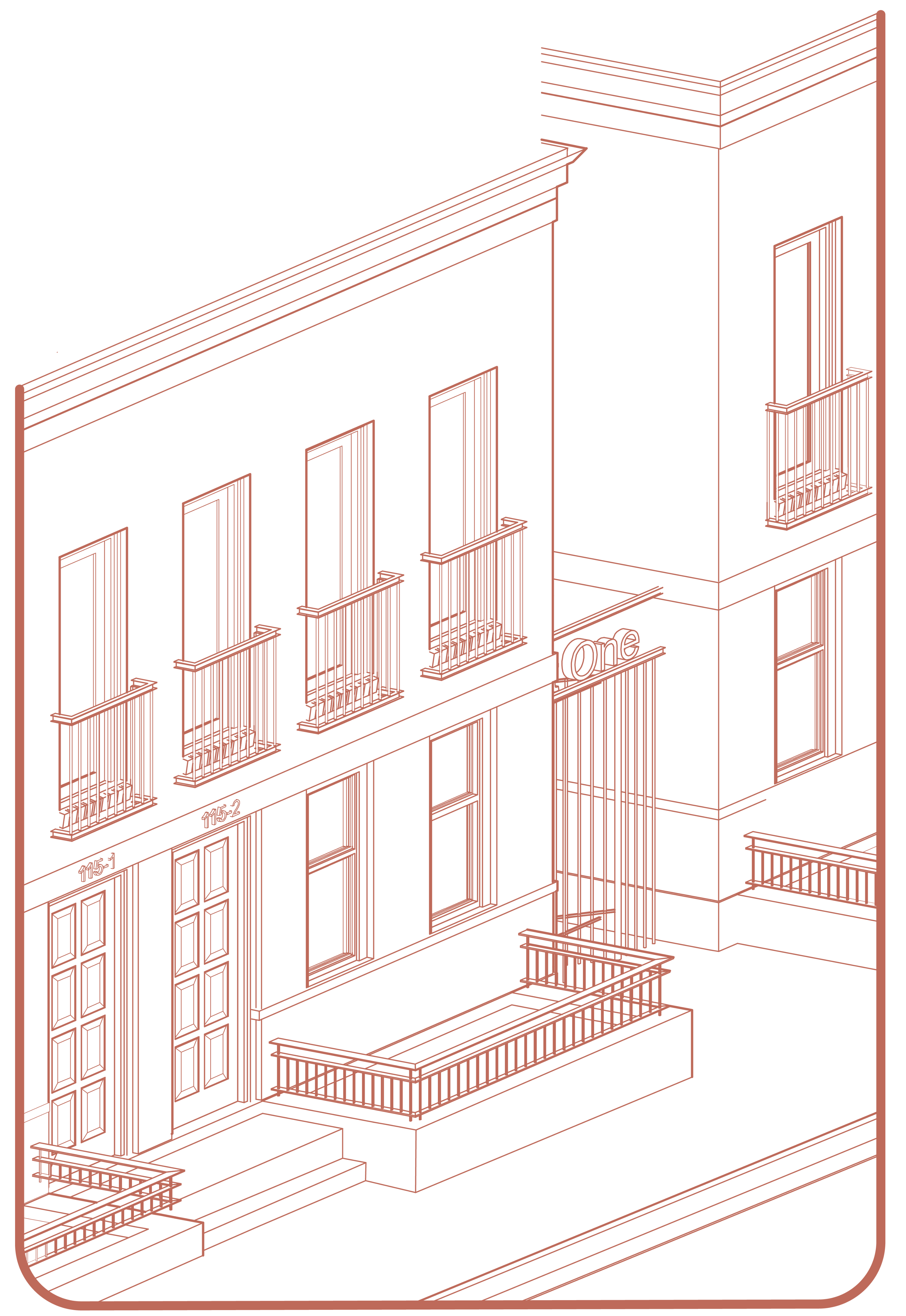 Line drawing of a two-story building facade with balconies on upper windows, two labeled doors, and a stairway leading to the entrance.