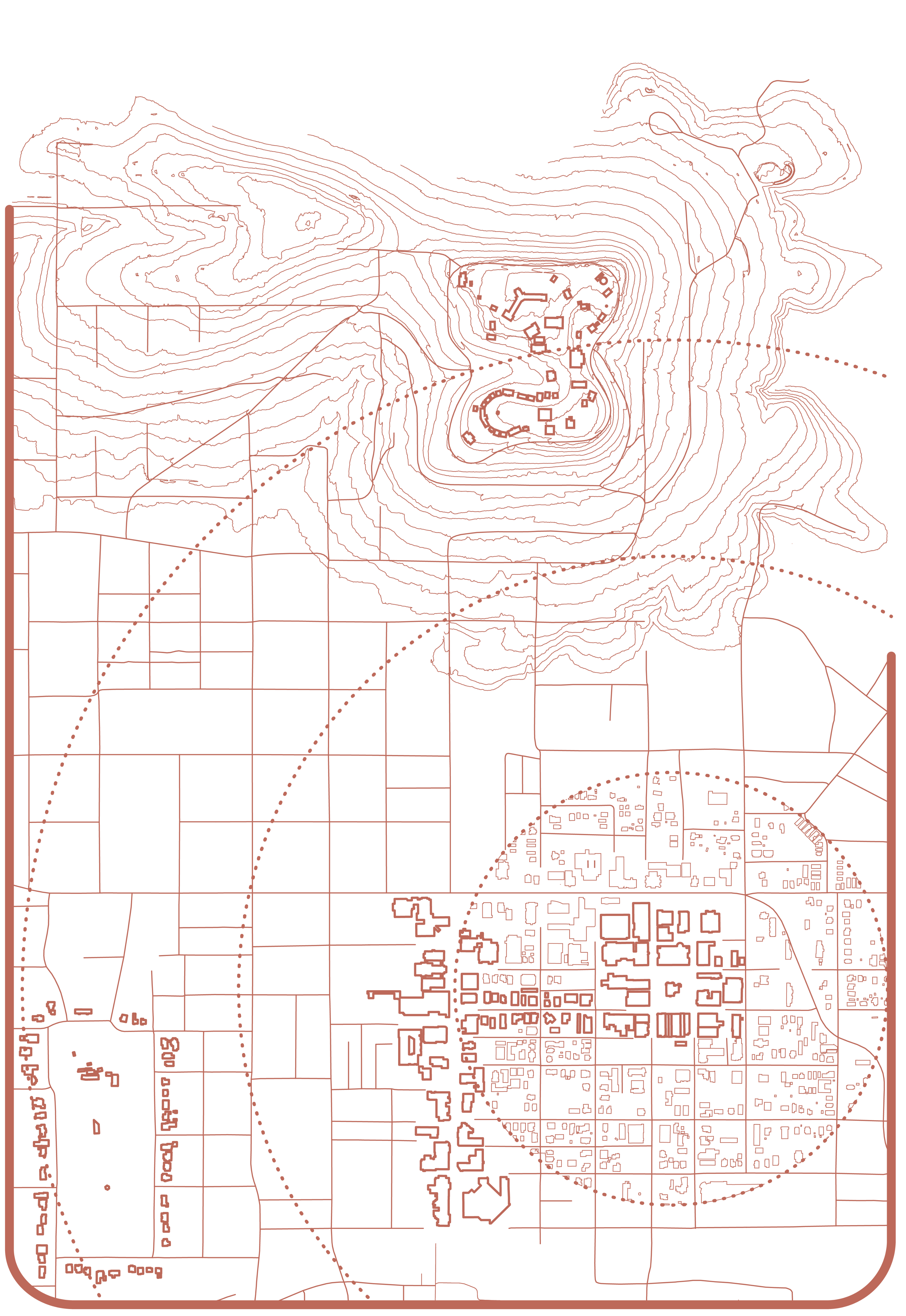 Simplified topographic map showing elevation contours around urban and rural areas with grid layout and dotted circles.