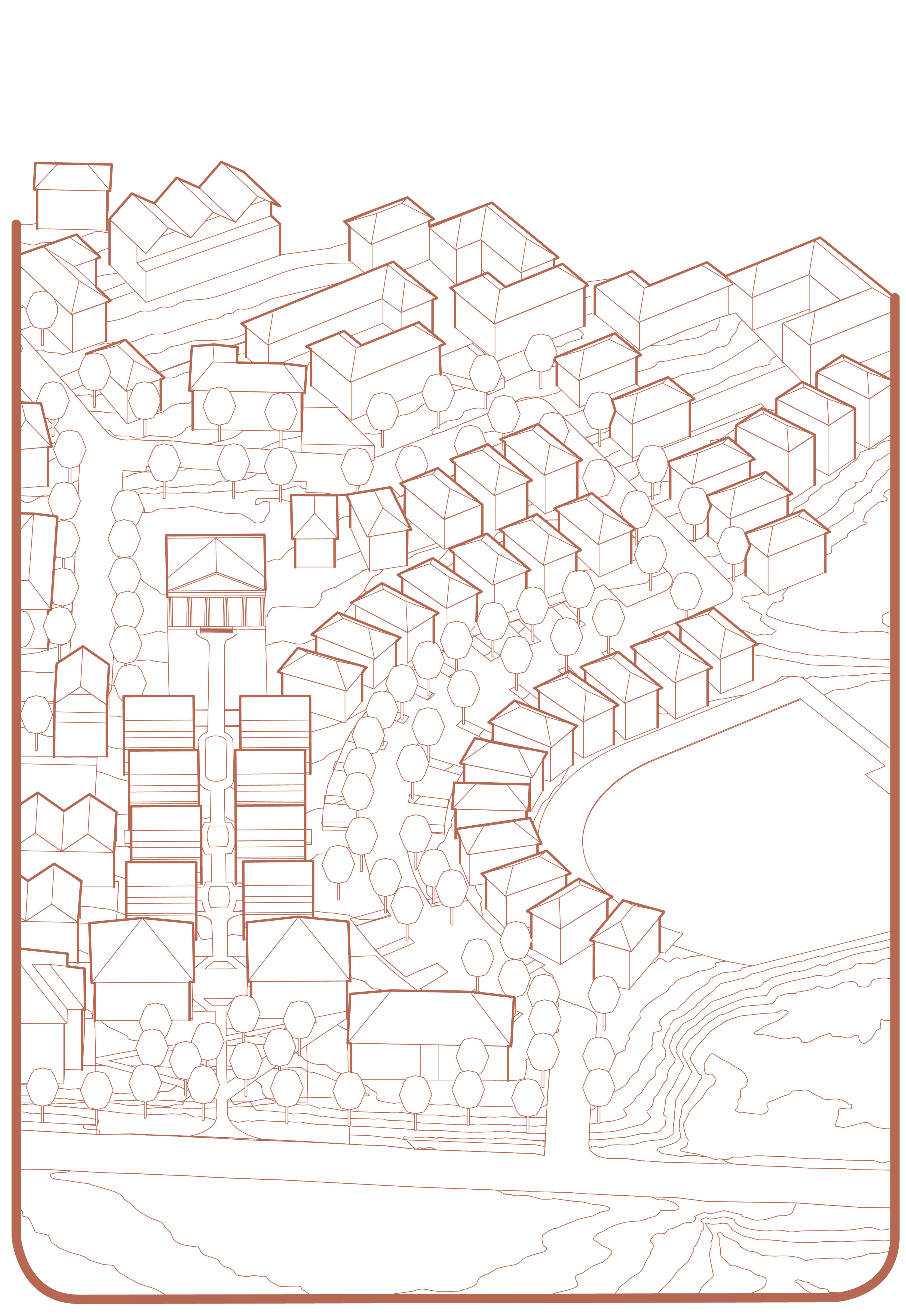 Architectural line drawing of a community layout with buildings, trees, roads, and contour lines around a central open space.