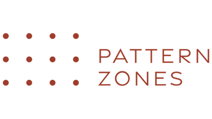 Logo with three rows of three brown dots on the left and the text 'PATTERN ZONES' in capital letters on the right.