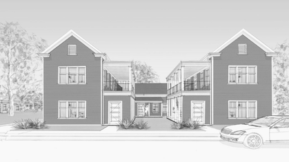 Black and white aerial sketch of a residential neighborhood with modern apartment buildings and houses surrounded by trees.