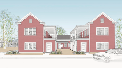 Aerial watercolor illustration of a residential neighborhood with brick apartment buildings and houses surrounded by trees in autumn colors.