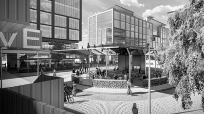 Black and white aerial sketch of a residential neighborhood with modern apartment buildings and houses surrounded by trees.