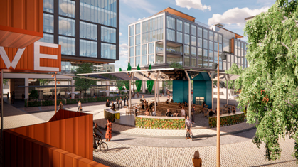 Aerial watercolor illustration of a residential neighborhood with brick apartment buildings and houses surrounded by trees in autumn colors.