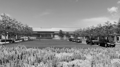 Black and white aerial sketch of a residential neighborhood with modern apartment buildings and houses surrounded by trees.