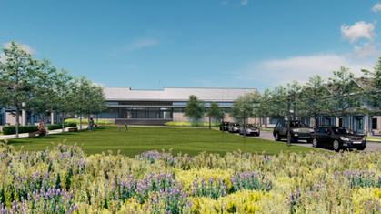 Aerial watercolor illustration of a residential neighborhood with brick apartment buildings and houses surrounded by trees in autumn colors.