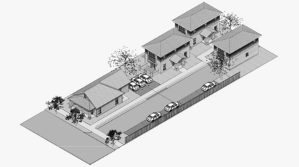 Black and white aerial sketch of a residential neighborhood with modern apartment buildings and houses surrounded by trees.