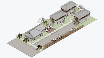 Aerial watercolor illustration of a residential neighborhood with brick apartment buildings and houses surrounded by trees in autumn colors.