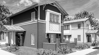 Black and white aerial sketch of a residential neighborhood with modern apartment buildings and houses surrounded by trees.