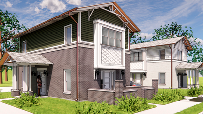 Aerial watercolor illustration of a residential neighborhood with brick apartment buildings and houses surrounded by trees in autumn colors.