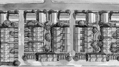 Black and white aerial sketch of a residential neighborhood with modern apartment buildings and houses surrounded by trees.