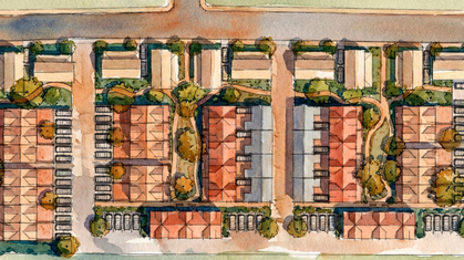 Aerial watercolor illustration of a residential neighborhood with brick apartment buildings and houses surrounded by trees in autumn colors.