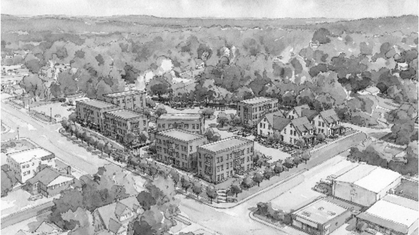 Black and white aerial sketch of a residential neighborhood with modern apartment buildings and houses surrounded by trees.