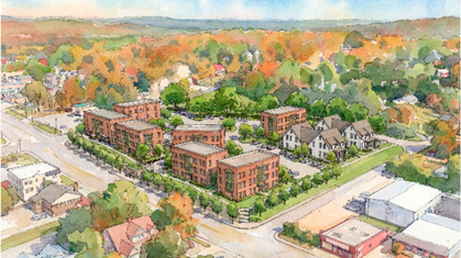 Aerial watercolor illustration of a residential neighborhood with brick apartment buildings and houses surrounded by trees in autumn colors.