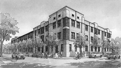 Black and white aerial sketch of a residential neighborhood with modern apartment buildings and houses surrounded by trees.