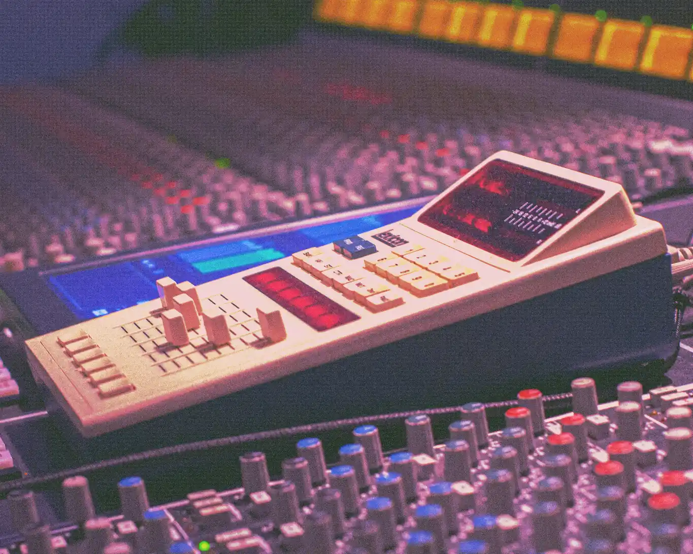 Audio mixing console with a remote control device featuring sliders, buttons, and a small screen in a dimly lit studio.