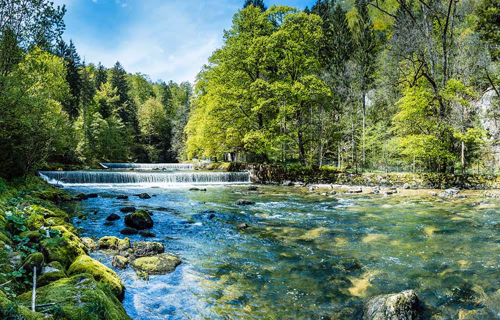 Naturbelassene Flusslandschaft mit kleinem Wasserfall über Moossteinen in der Zentralschweiz – Symbol für klares Webdesign und frische Ideen für Unternehmen in Schwyz, Einsiedeln und Pfäffikon SZ