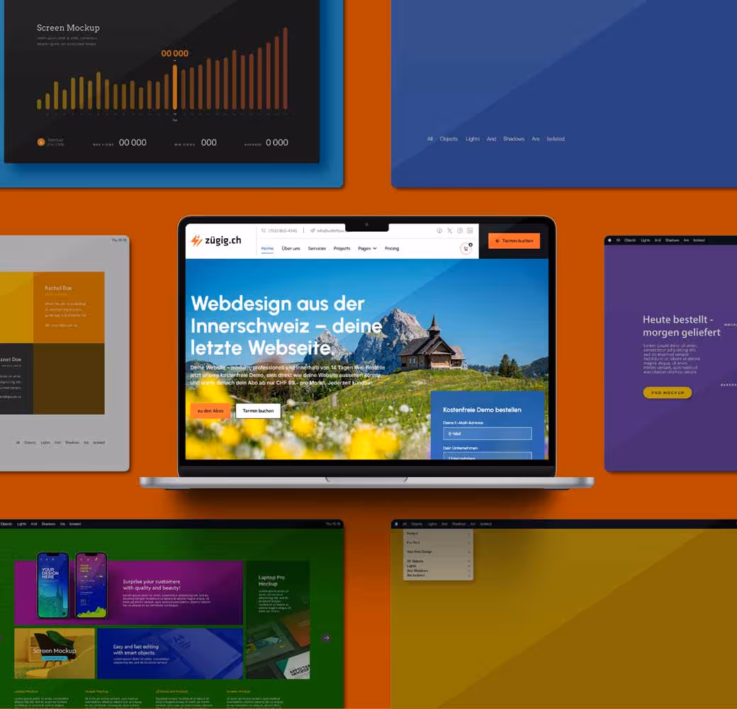 Webdesign-Portfolio auf Laptop und verschiedenen Digital-Mockups mit Berg-Motiven und Blumen für die Region Schwyz, Einsiedeln und Zentralschweiz auf modernem Hintergrund – professionelle Webagentur-Präsentation in der Schweiz