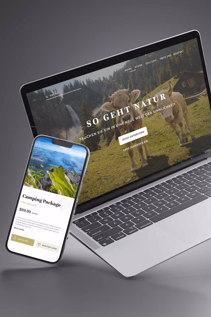 Responsive Webdesign für Tourismus und Landwirtschaft in Schwyz und Einsiedeln auf Laptop und Smartphone – Darstellung von Natur-Webseiten mit Kühen, Bergen und Camping-Angeboten in der Zentralschweiz