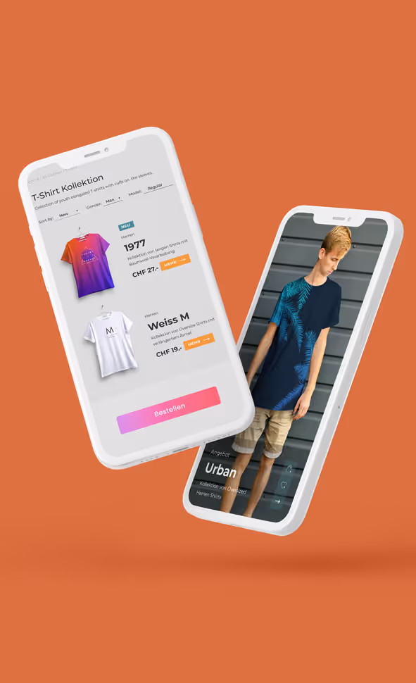 Responsive E-Commerce Webdesign auf Smartphones mit Onlineshop für Mode und T-Shirts in der Schweiz – Darstellung von Produktlisten in CHF und modernen Layouts für lokale Unternehmen in Schwyz, Einsiedeln und Pfäffikon SZ