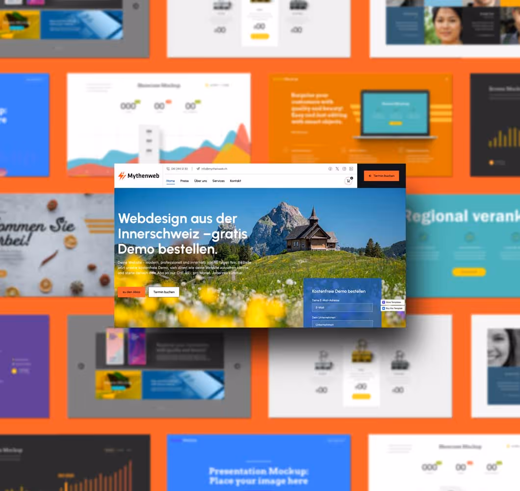 Webdesign-Homepage mit Berg- und Blumen-Hintergrund für die Region Schwyz und Zentralschweiz, inklusive Gratis-Demo und Buchungsoptionen vor modernem Mockup-Hintergrund.