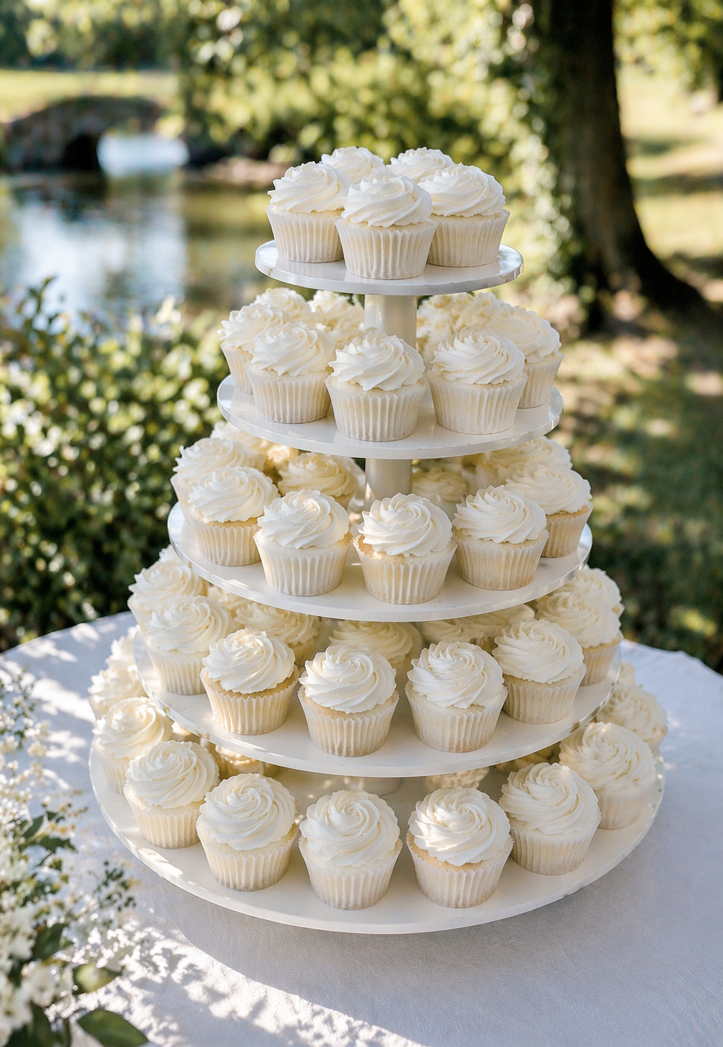 A wedding display of white Pinkabella cupcakes