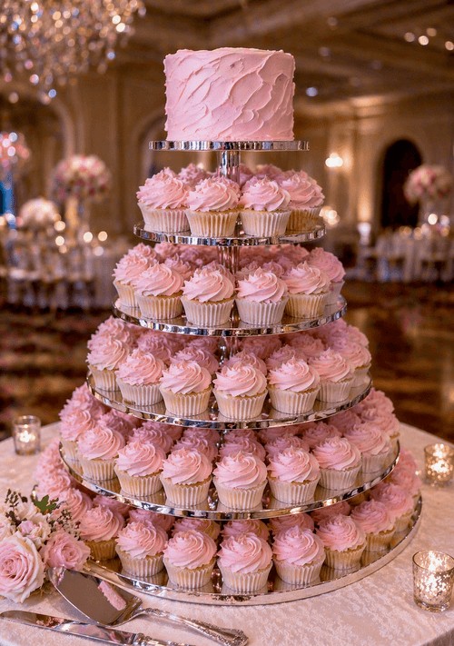 Pinkabella Wedding display of pink cupcakes topped with a pink cake