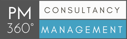 PM 360° Consultancy Management logo with a gray, white, and blue color scheme.