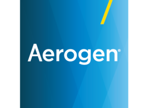 Aerogen logo with white text on a blue gradient background featuring a yellow diagonal line.