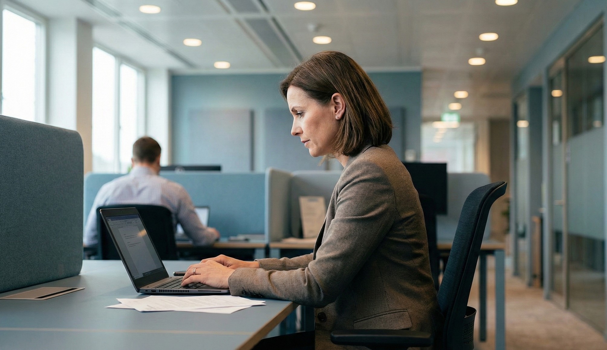 Woman in a blazer working on a laptop in a modern office with another person seated in the background.