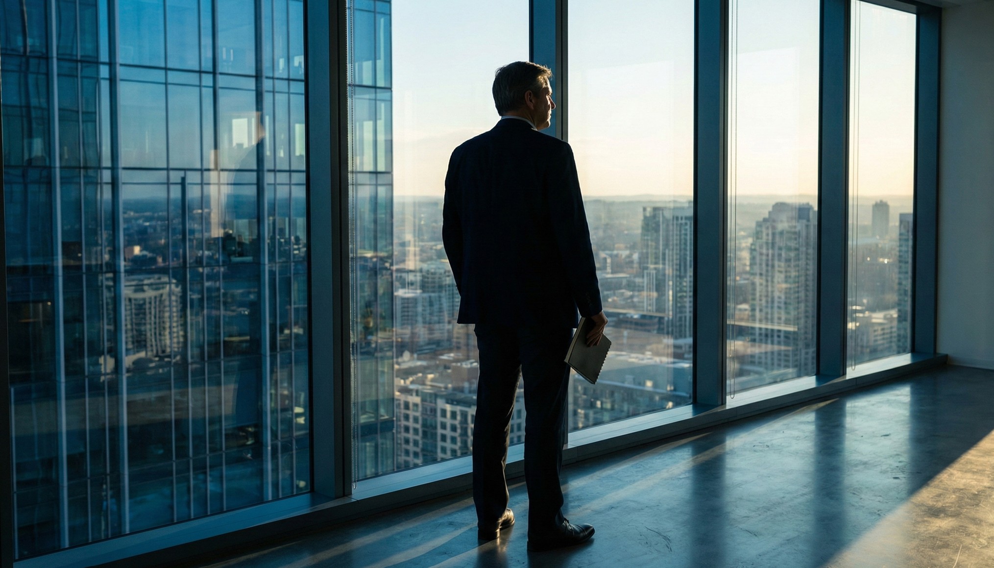 Businessman in a suit holding a notebook, looking out of large office windows at a city skyline during sunset.