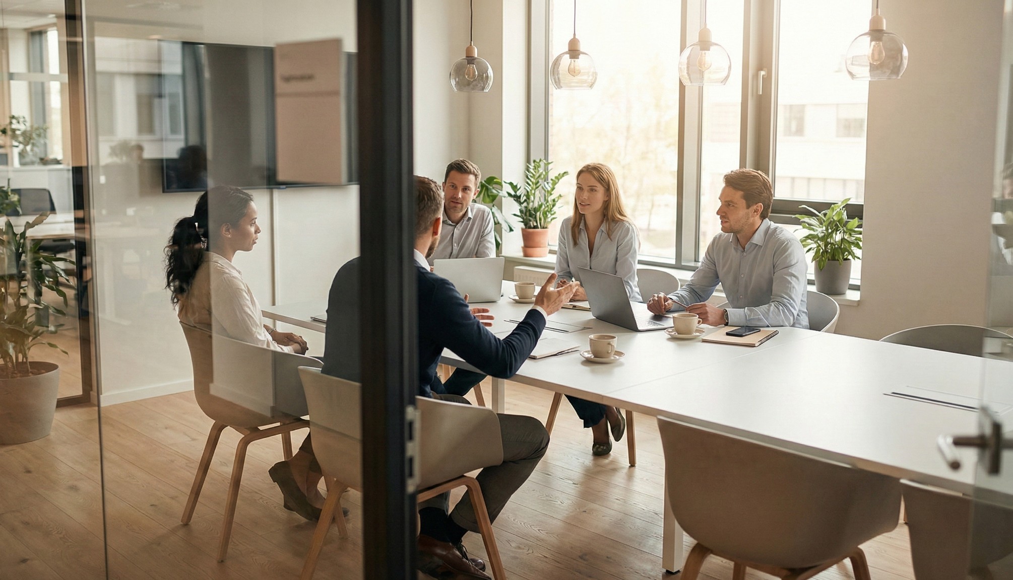 Five professionals having a meeting around a white table in a bright office with laptops and coffee cups.