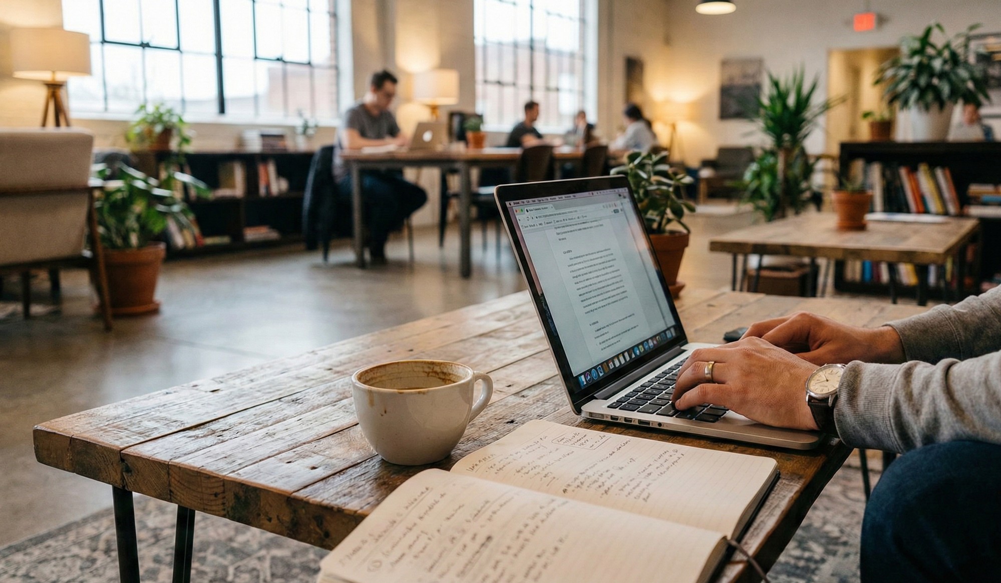 Person typing on a laptop at a rustic wooden table with an open notebook and coffee cup in a cozy coworking space.