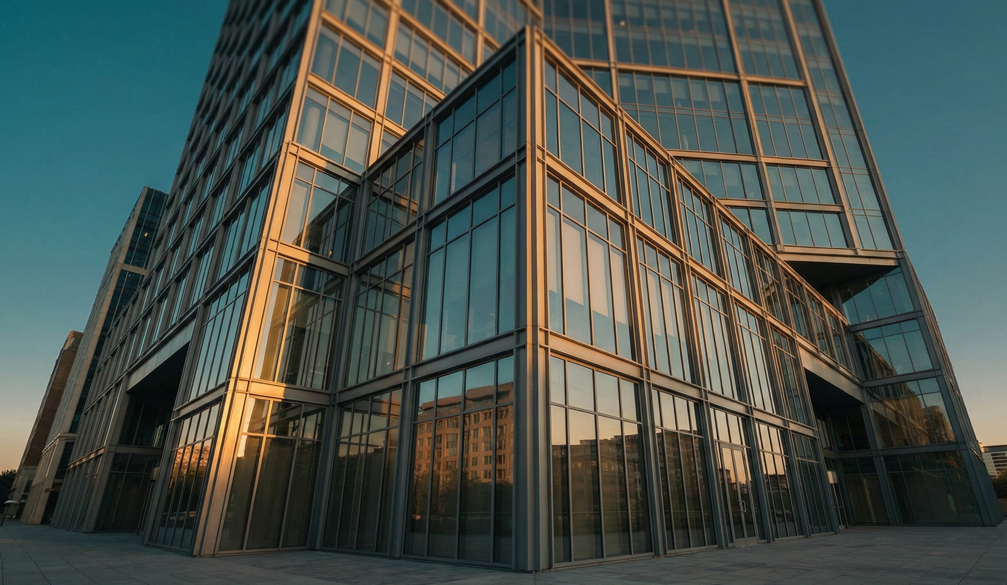 Modern glass office building reflecting surrounding cityscape at sunset.